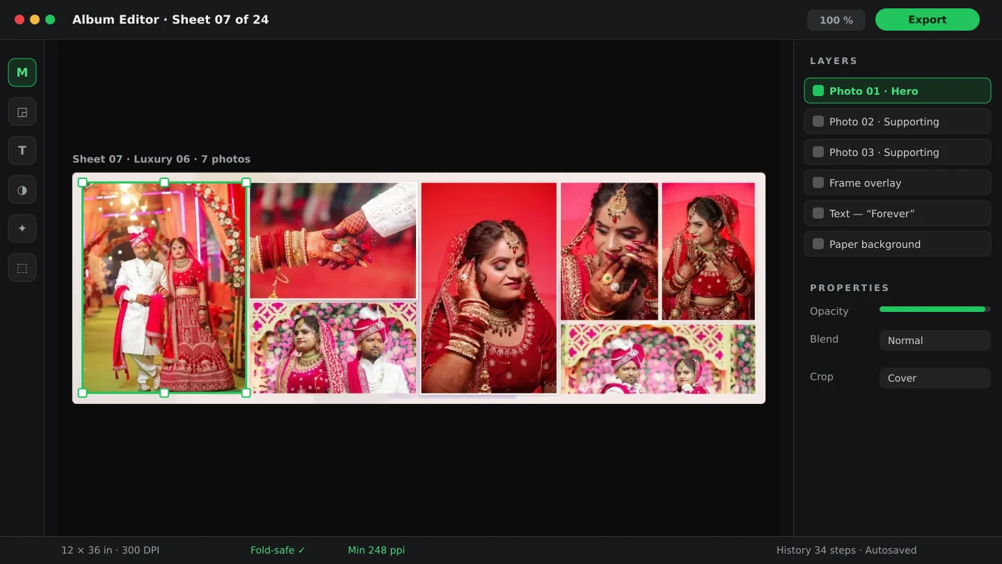 Album editor canvas with a wedding album sheet, photo slots and the layers panel open