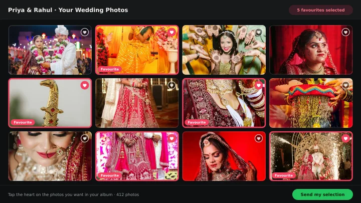 Client marking favourite photos in a private online selection gallery