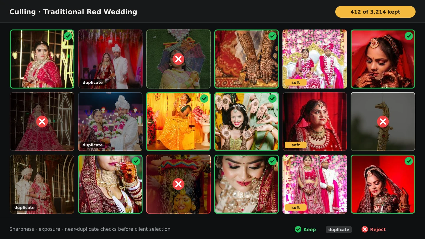 Grid of wedding photographs being culled, with weak frames marked and strong frames kept