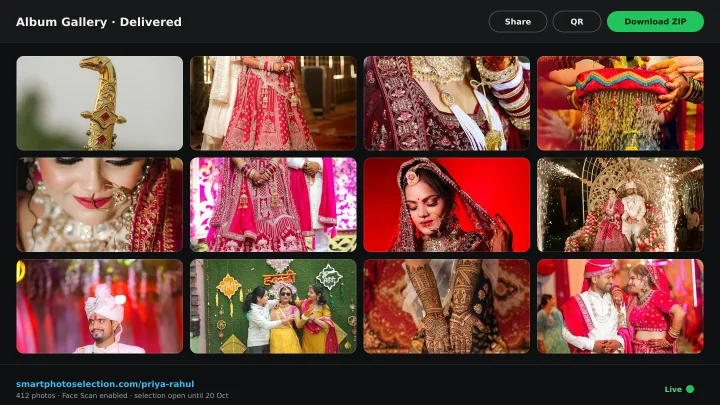 Wedding photo gallery delivery view with selected photos ready to download