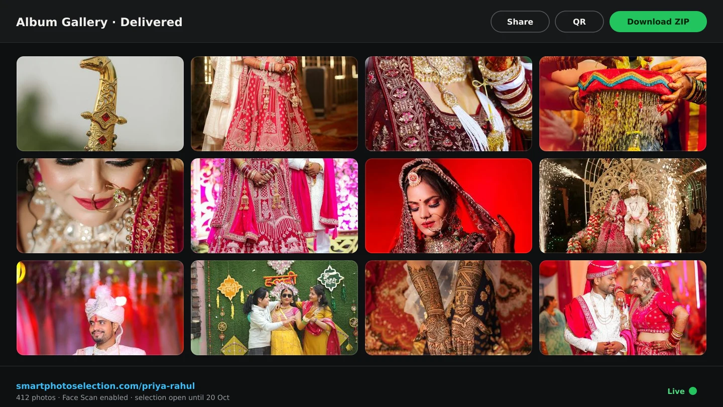 Photographer's delivery dashboard showing a wedding gallery, download controls and a QR code