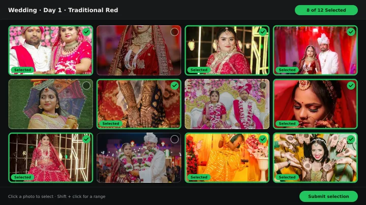 Photographer reviewing a ranked photo selection shortlist in an online gallery