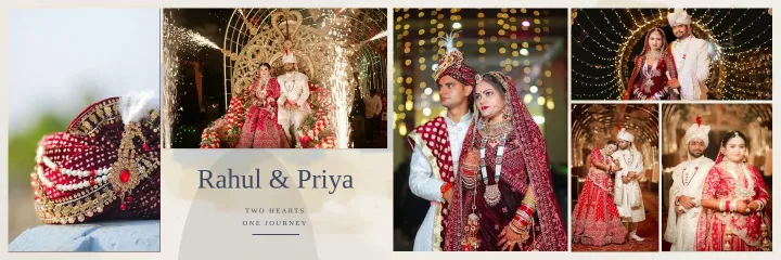 Modern editorial wedding album spread with six photos on a white page