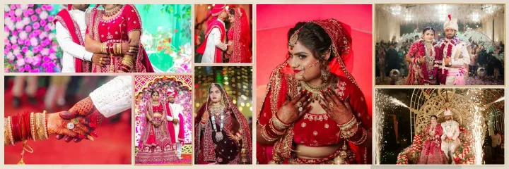 Eight-photo luxury wedding album spread with a large hero photo