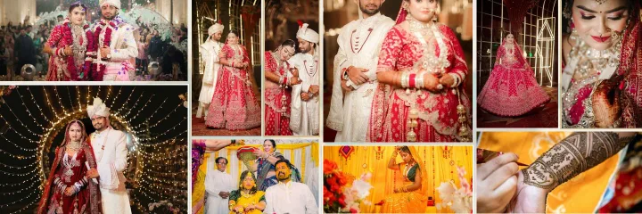 Premium mixed wedding album spread with ten photos split five and five