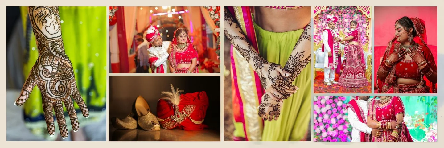 Storytelling wedding album spread with seven photos split three and four
