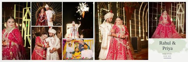 Seven-photo storytelling wedding album spread with five photos on the left page and two on the right