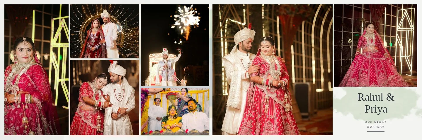 Storytelling wedding album spread with five photos on the left page and two on the right